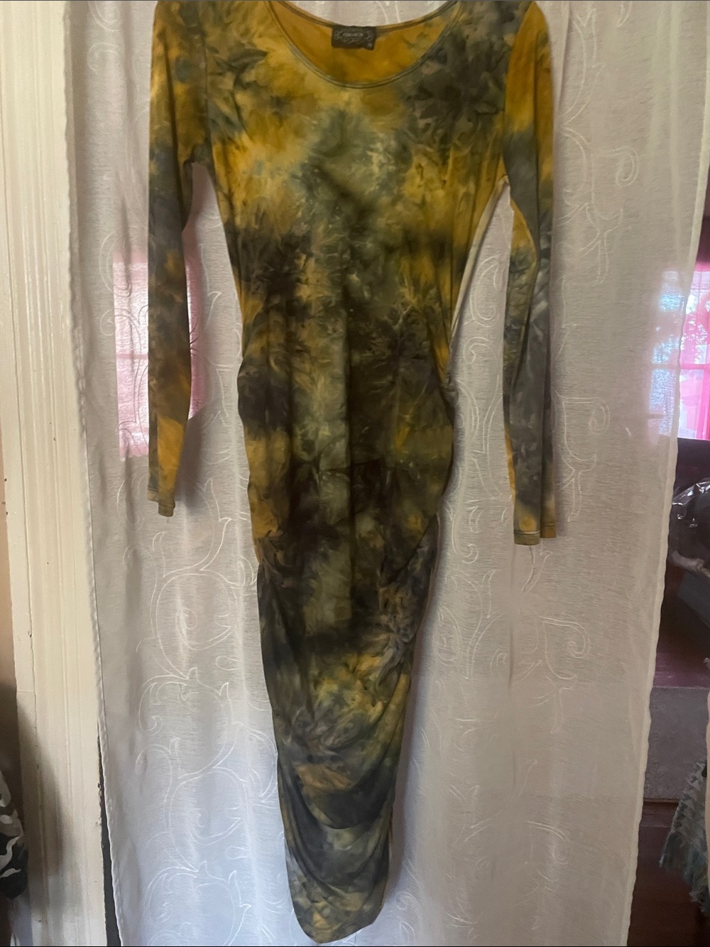Long-Sleeve Tie-Dye Bodycon Maxi Dress in Mustard & Olive